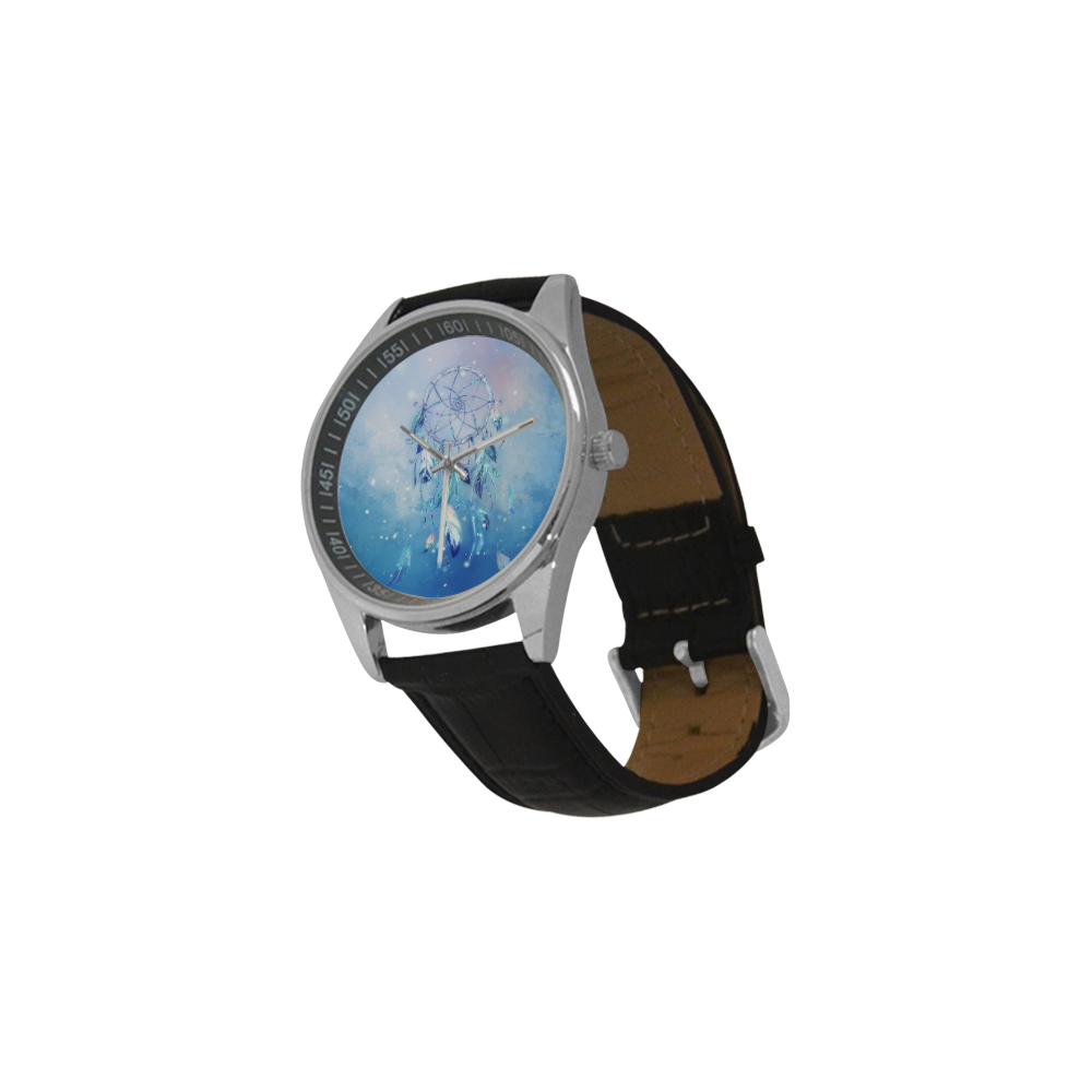 A wounderful dream catcher in blue Men's Casual Leather Strap Watch(Model 211)