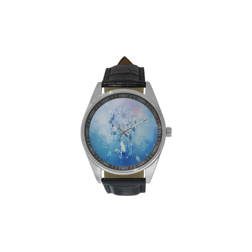 A wounderful dream catcher in blue Men's Casual Leather Strap Watch(Model 211)
