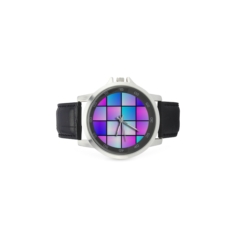 Gradient squares pattern Unisex Stainless Steel Leather Strap Watch(Model 202)