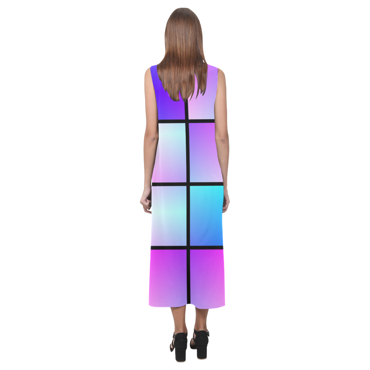 Gradient squares pattern Phaedra Sleeveless Open Fork Long Dress (Model D08)