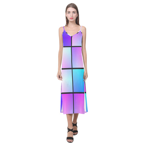 Gradient squares pattern V-Neck Open Fork Long Dress(Model D18)