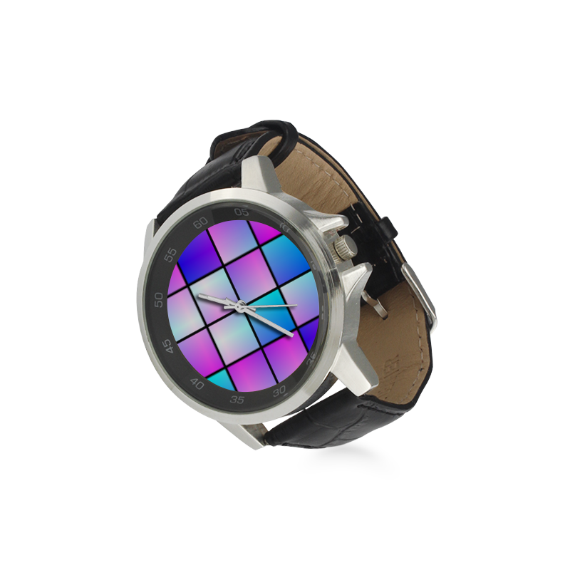 Gradient squares pattern Unisex Stainless Steel Leather Strap Watch(Model 202)