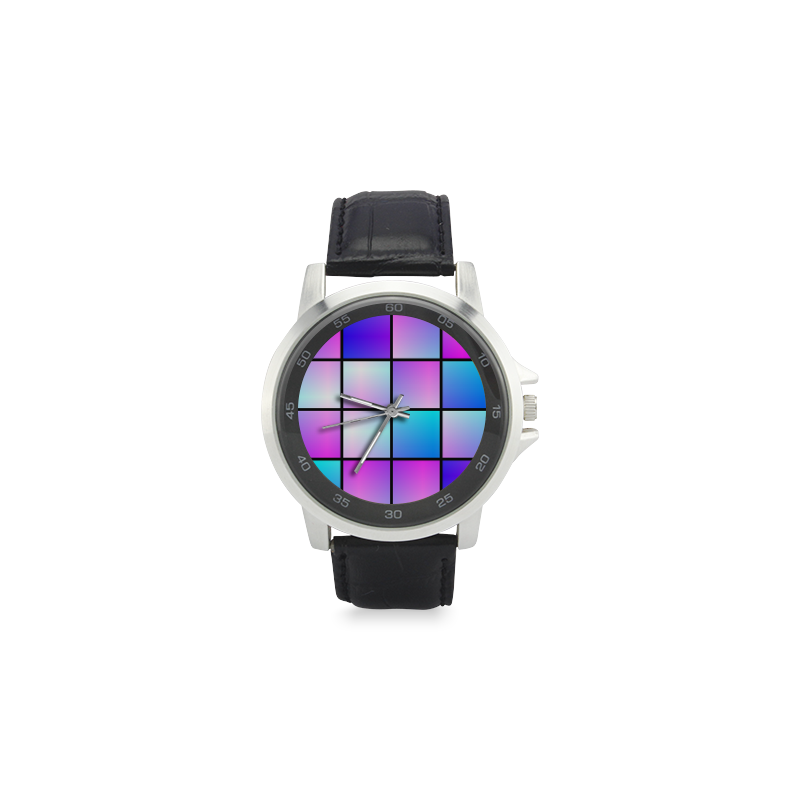 Gradient squares pattern Unisex Stainless Steel Leather Strap Watch(Model 202)