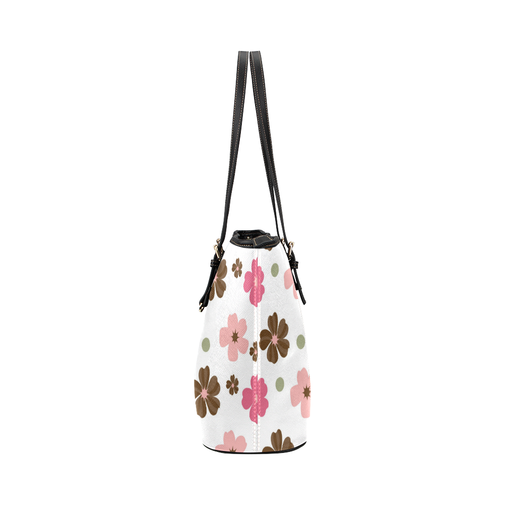 Pink and Brown Flowers Floral Pattern Leather Tote Bag/Small (Model 1651)
