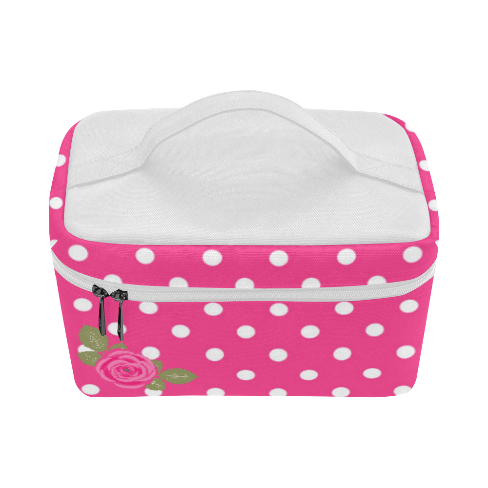 White Pink Polka Dots Pink Rose Floral Pattern Cosmetic Bag/Large (Model 1658)