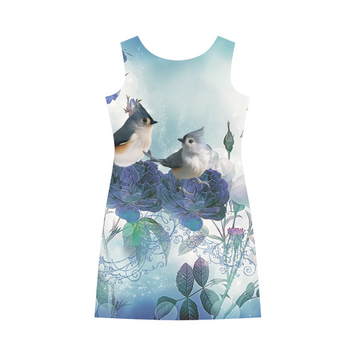 Cute birds with blue flowers Round Collar Dress (D22)