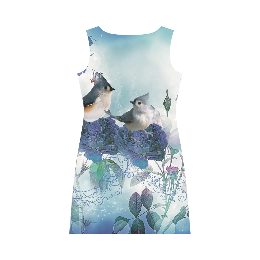 Cute birds with blue flowers Round Collar Dress (D22)