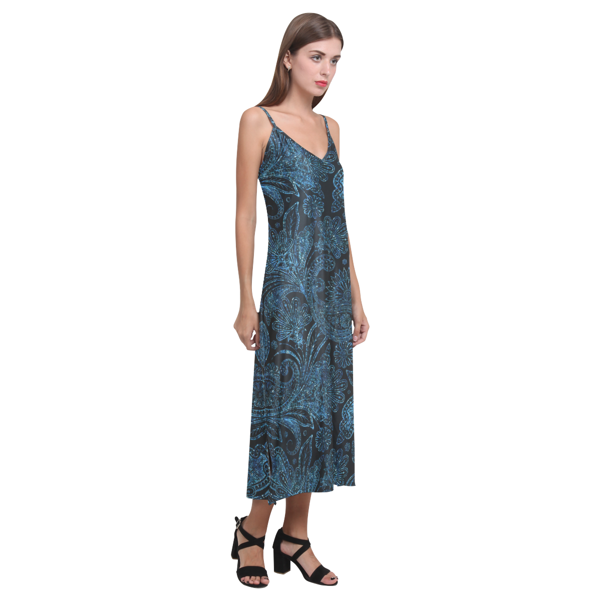 Elegant blue flower glitter look V-Neck Open Fork Long Dress(Model D18)
