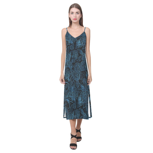 Elegant blue flower glitter look V-Neck Open Fork Long Dress(Model D18)
