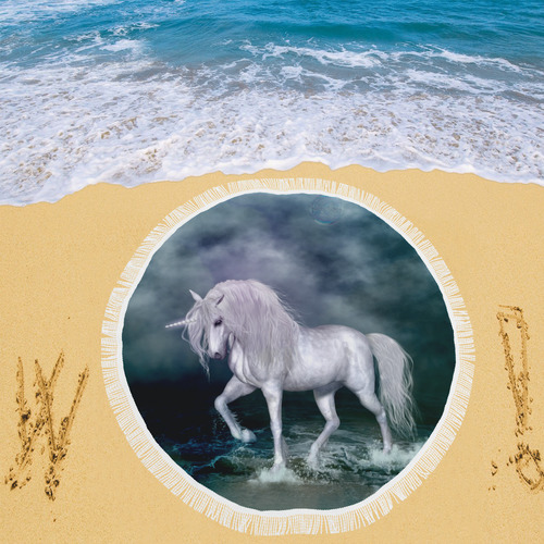 Wonderful white unicorn on the beach Circular Beach Shawl 59"x 59"
