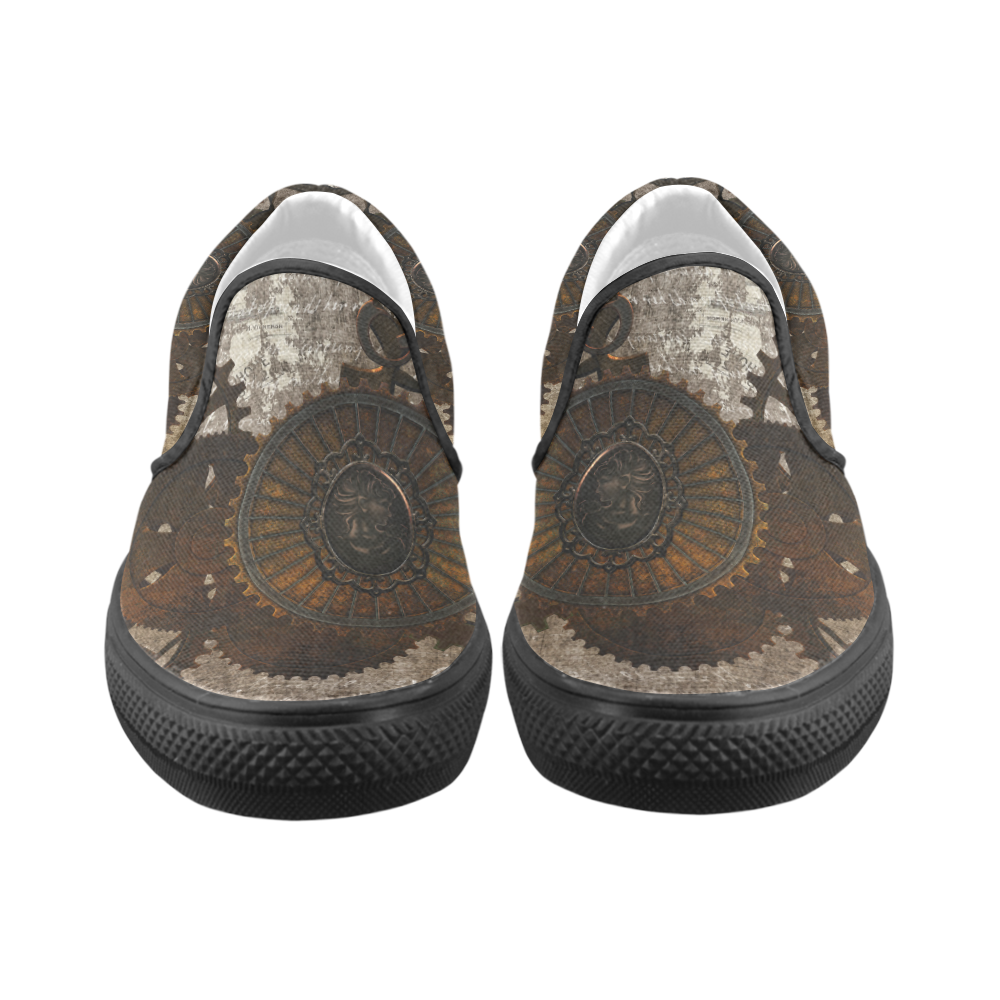 A rusty steampunk letter with gears Women's Unusual Slip-on Canvas Shoes (Model 019)