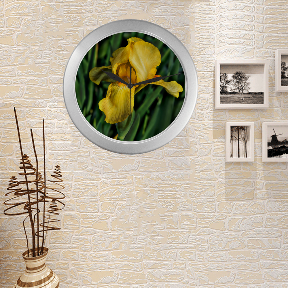Yellow Iris Silver Color Wall Clock