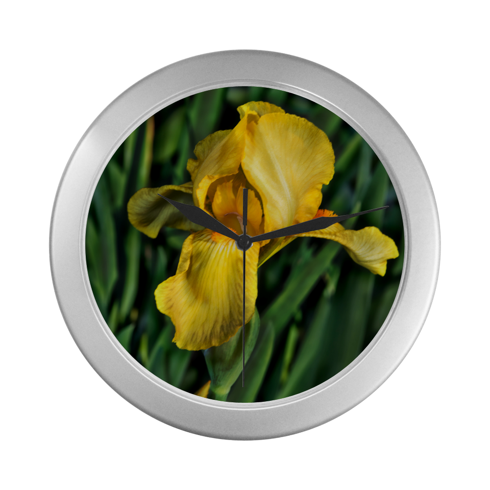 Yellow Iris Silver Color Wall Clock