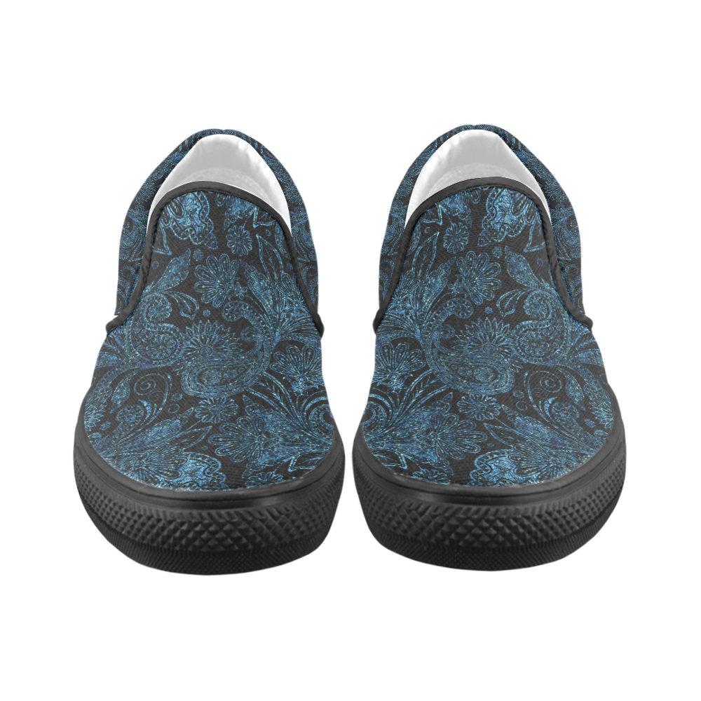 Elegant blue flower glitter look Slip-on Canvas Shoes for Kid (Model 019)