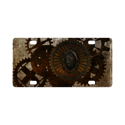 A rusty steampunk letter with gears Classic License Plate