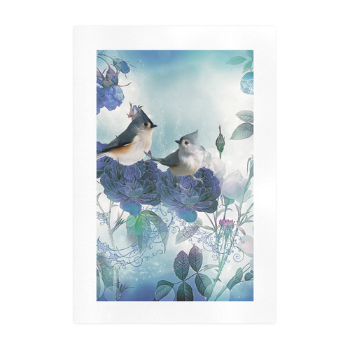 Cute birds with blue flowers Art Print 19‘’x28‘’