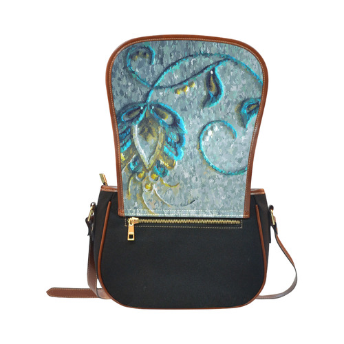 Gold Turquoise Jacobean Floral Crewel Saddle Bag/Small (Model 1649)(Flap Customization)
