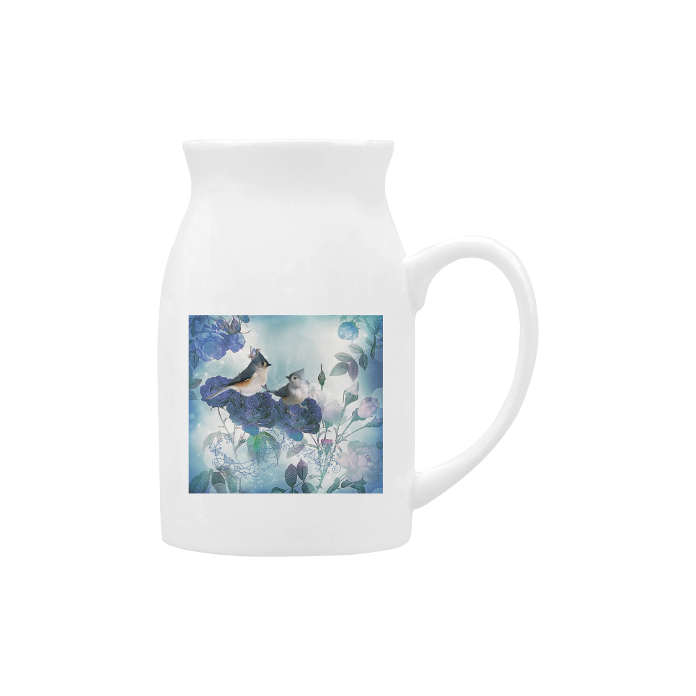 Cute birds with blue flowers Milk Cup (Large) 450ml