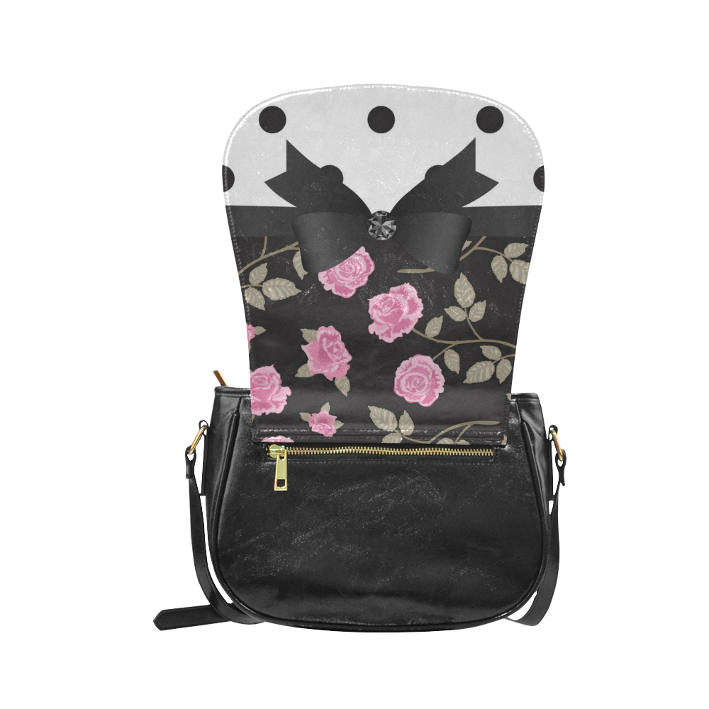 Black White Polka Dots Pink Roses Floral Pattern. Classic Saddle Bag/Large (Model 1648)