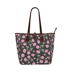 Pink Roses, Flowers on Black, Floral Pattern Classic Tote Bag (Model 1644)
