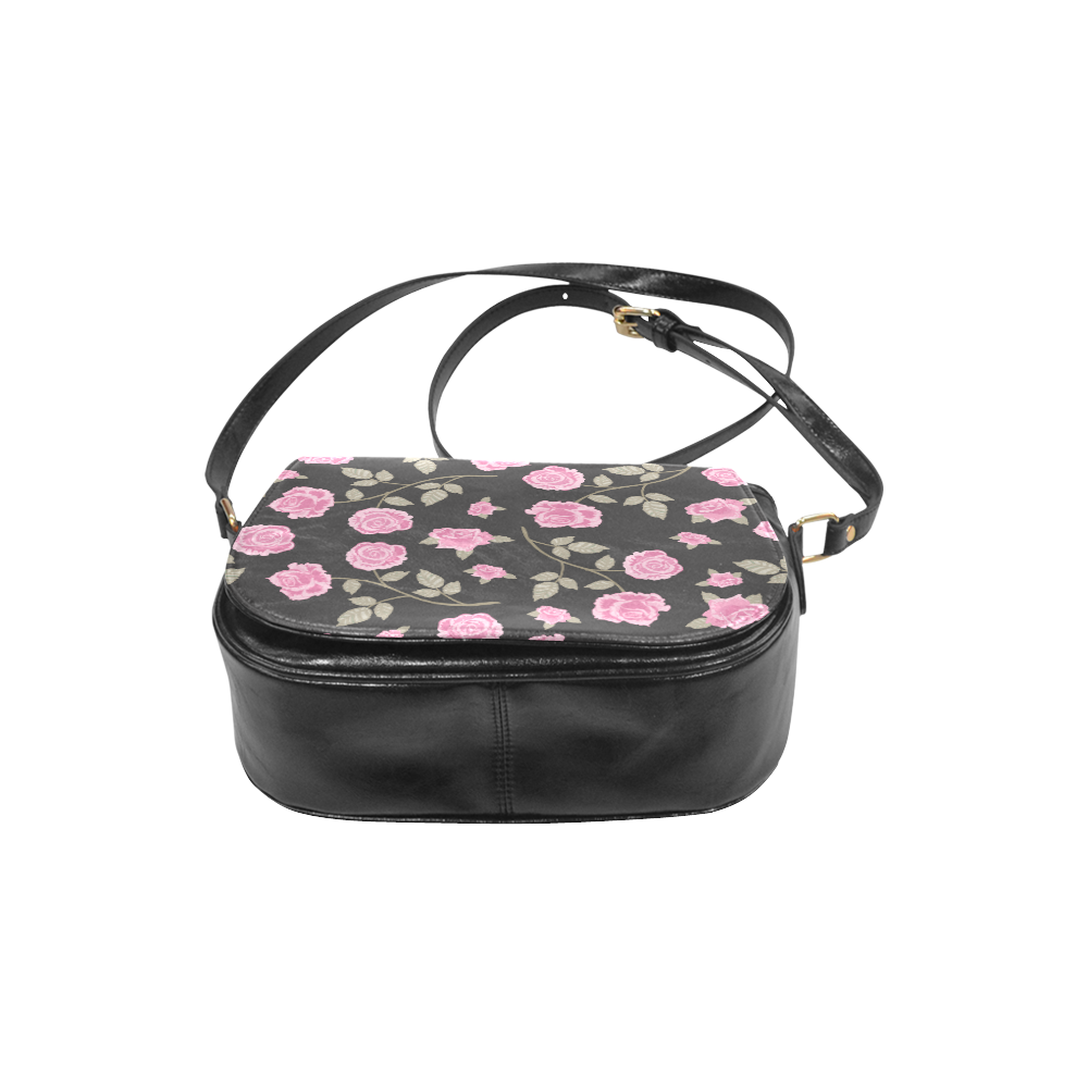 Pink Roses, Flowers on Black, Floral Pattern Classic Saddle Bag/Small (Model 1648)