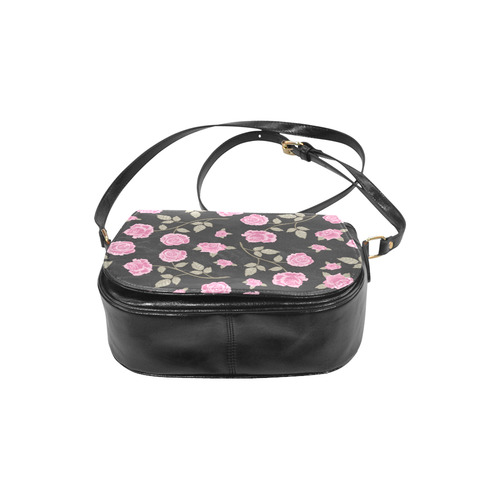 Pink Roses, Flowers on Black, Floral Pattern Classic Saddle Bag/Small (Model 1648)