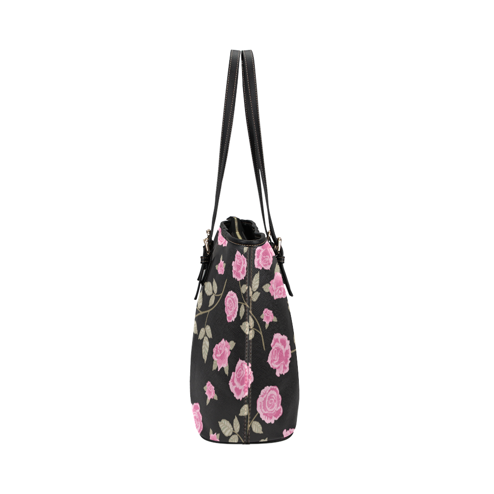 Pink Roses, Flowers on Black, Floral Pattern Leather Tote Bag/Small (Model 1651)