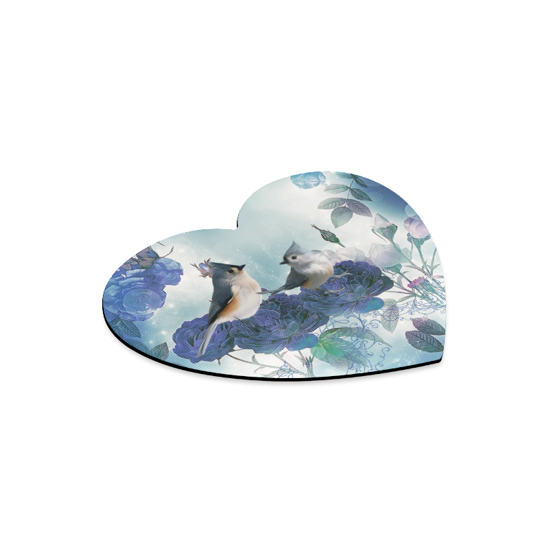 Cute birds with blue flowers Heart-shaped Mousepad