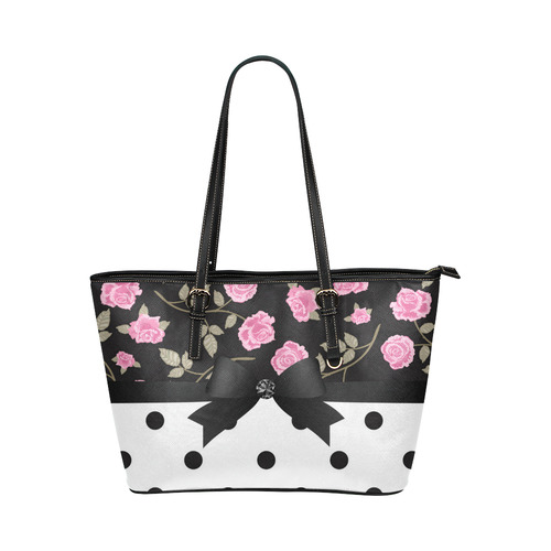 Black White Polka Dots Pink Roses Floral Pattern. Leather Tote Bag/Small (Model 1651)