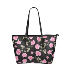 Pink Roses, Flowers on Black, Floral Pattern Leather Tote Bag/Small (Model 1651)