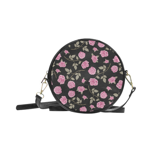 Pink Roses, Flowers on Black, Floral Pattern Round Sling Bag (Model 1647)