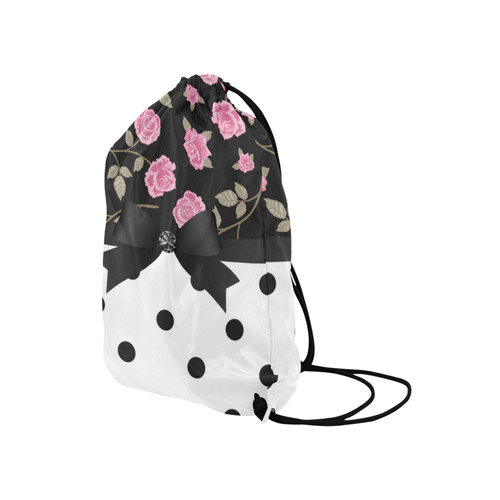 Black White Polka Dots Pink Roses Floral Pattern. Medium Drawstring Bag Model 1604 (Twin Sides) 13.8"(W) * 18.1"(H)