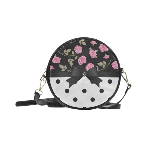 Black White Polka Dots Pink Roses Floral Pattern. Round Sling Bag (Model 1647)