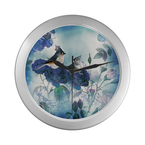 Cute birds with blue flowers Silver Color Wall Clock