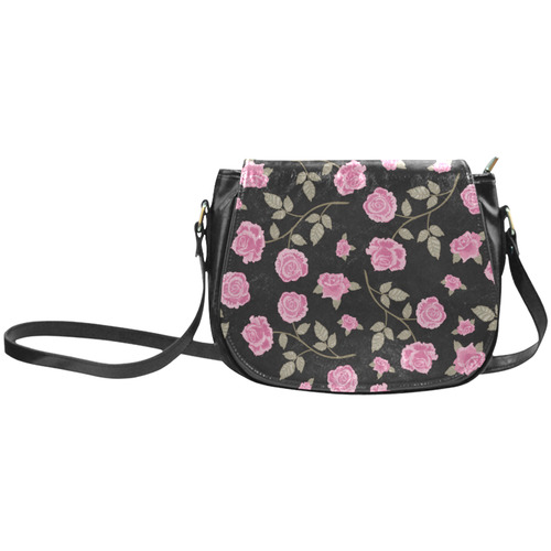Pink Roses, Flowers on Black, Floral Pattern Classic Saddle Bag/Small (Model 1648)