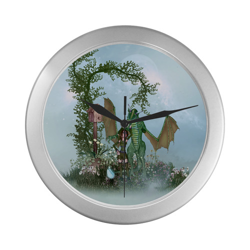 The dragon with cute fairy Silver Color Wall Clock