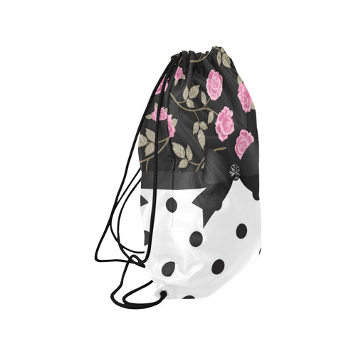 Black White Polka Dots Pink Roses Floral Pattern. Medium Drawstring Bag Model 1604 (Twin Sides) 13.8"(W) * 18.1"(H)