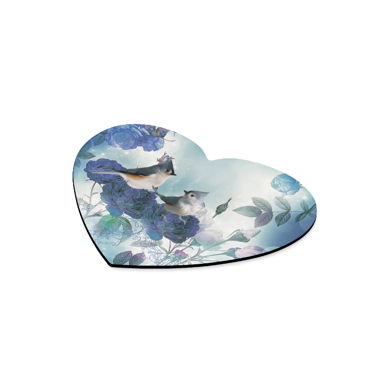 Cute birds with blue flowers Heart-shaped Mousepad