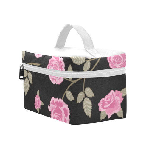 Pink Roses, Flowers on Black, Floral Pattern Cosmetic Bag/Large (Model 1658)