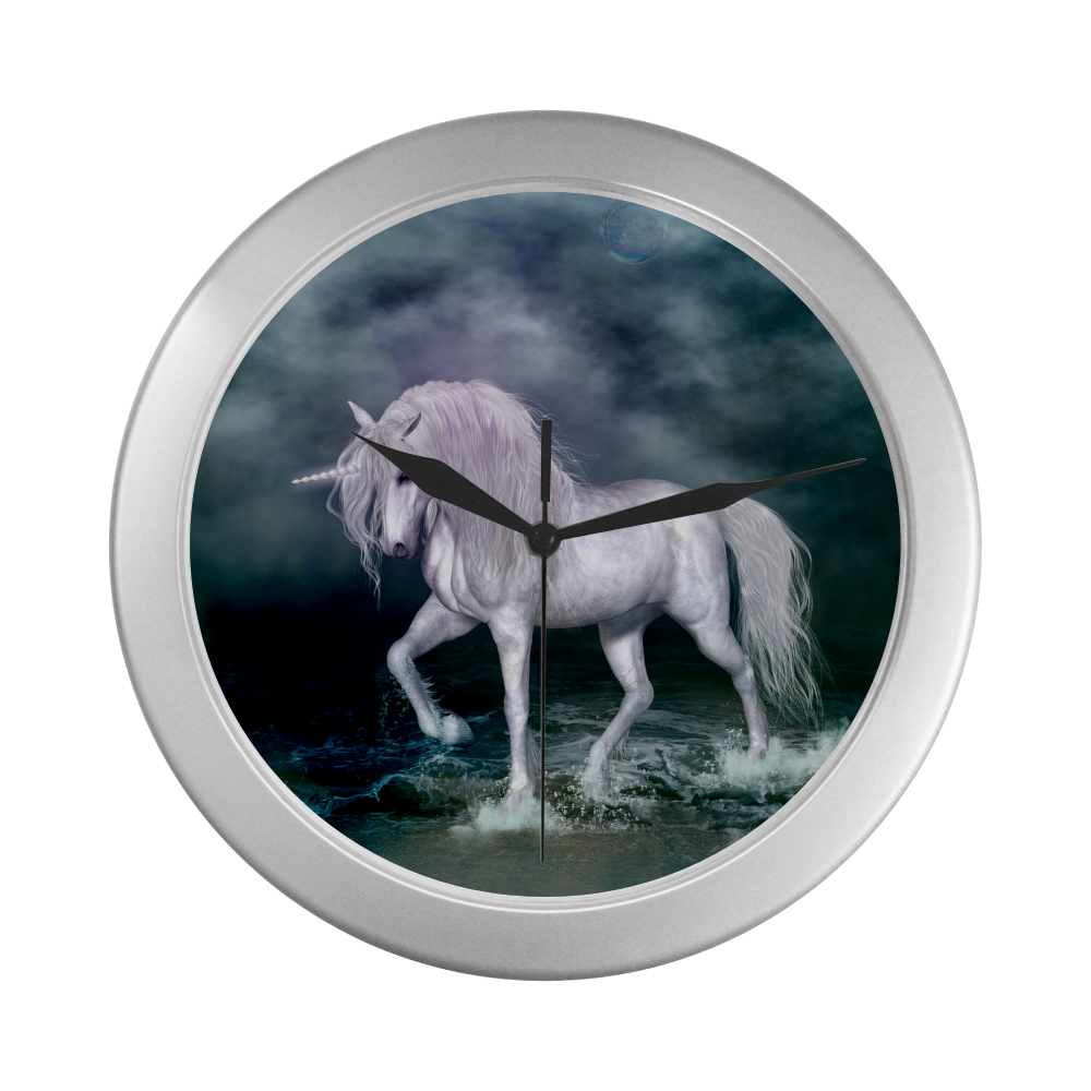 Wonderful white unicorn on the beach Silver Color Wall Clock