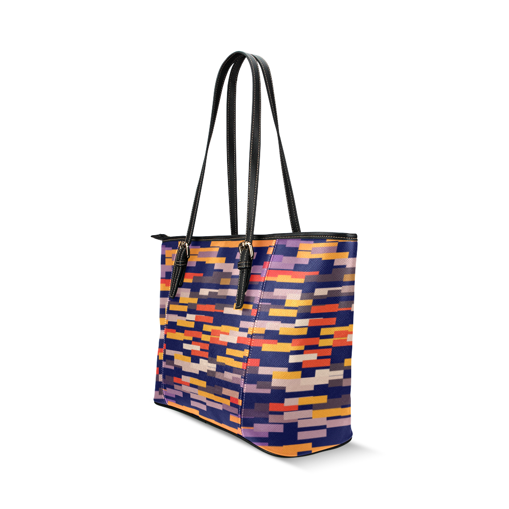 Rectangles in retro colors Leather Tote Bag/Large (Model 1640)