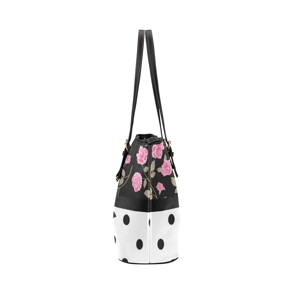 Black White Polka Dots Pink Roses Floral Pattern. Leather Tote Bag/Small (Model 1651)