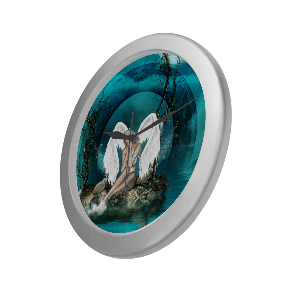 The beautiful white swan fairy Silver Color Wall Clock