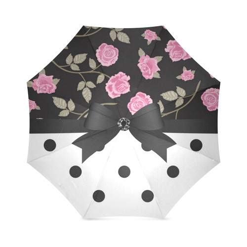 Black White Polka Dots Pink Roses Floral Pattern. Foldable Umbrella (Model U01)