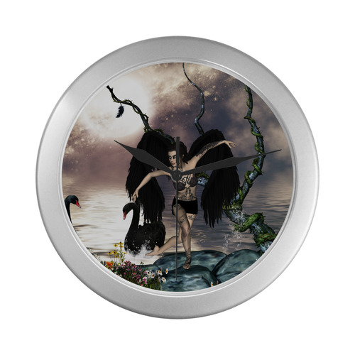 Wonderful dark swan fairy Silver Color Wall Clock