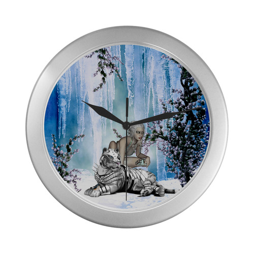 Awesome tiger with fantasy girl Silver Color Wall Clock