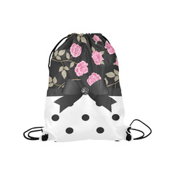 Black White Polka Dots Pink Roses Floral Pattern. Medium Drawstring Bag Model 1604 (Twin Sides) 13.8"(W) * 18.1"(H)