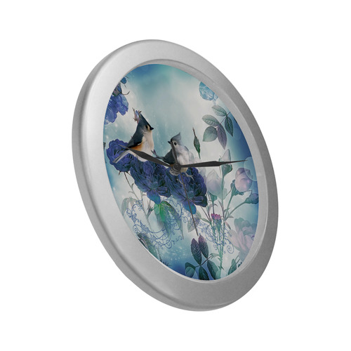Cute birds with blue flowers Silver Color Wall Clock