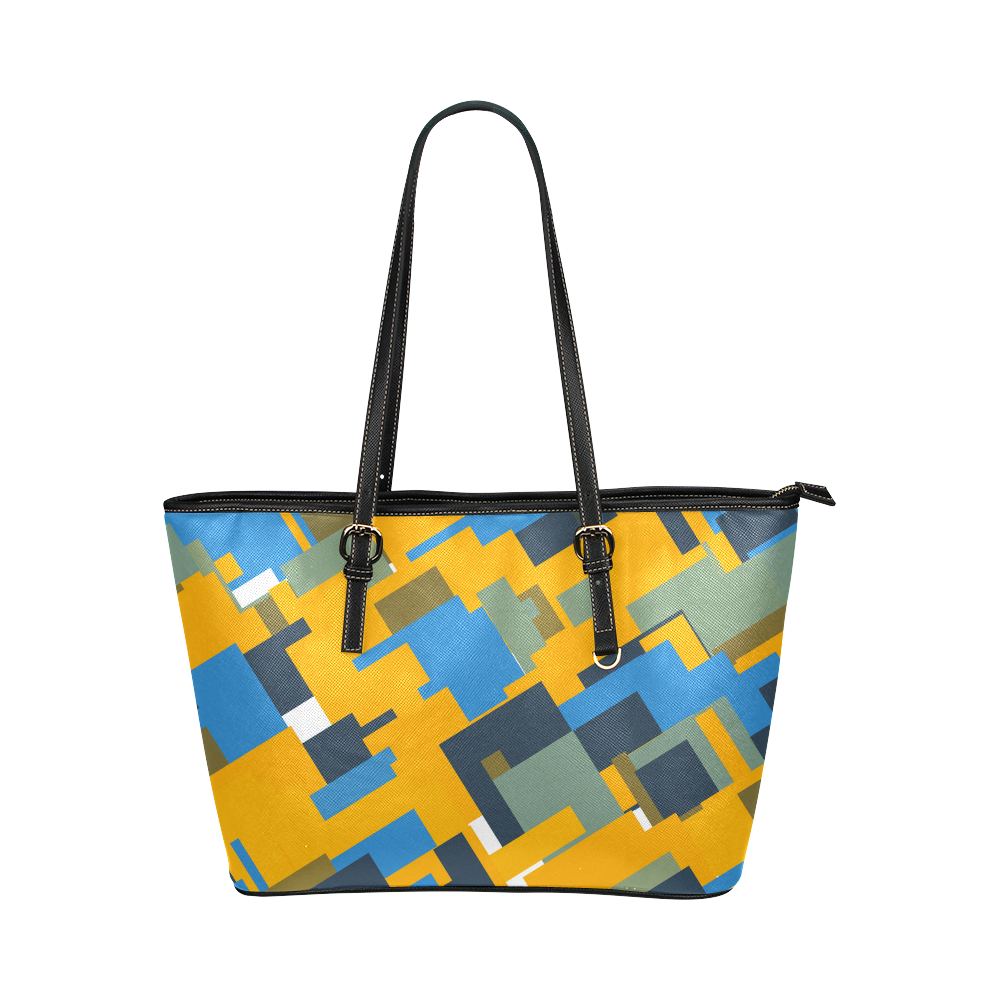 Blue yellow shapes Leather Tote Bag/Large (Model 1651)