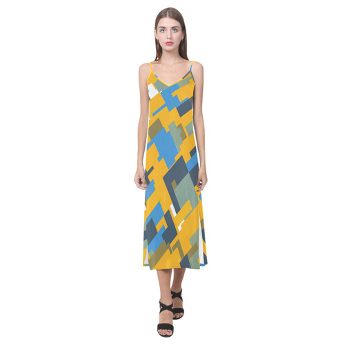 Blue yellow shapes V-Neck Open Fork Long Dress(Model D18)